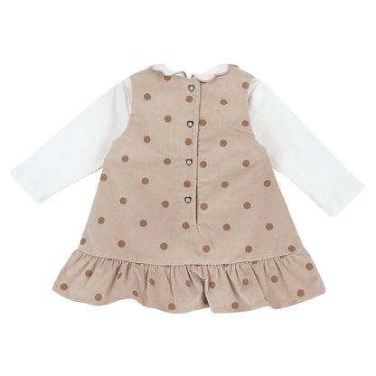 Girls White &amp; Beige Polka Dot Printed T-shirt with Dress