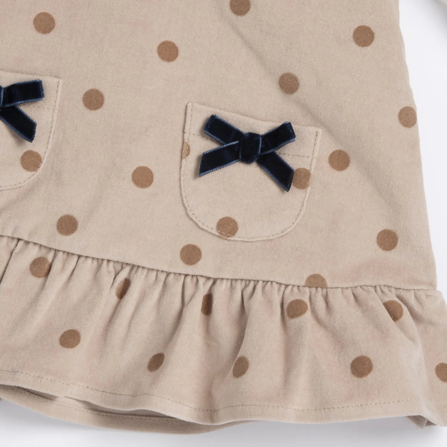 Girls White &amp; Beige Polka Dot Printed T-shirt with Dress