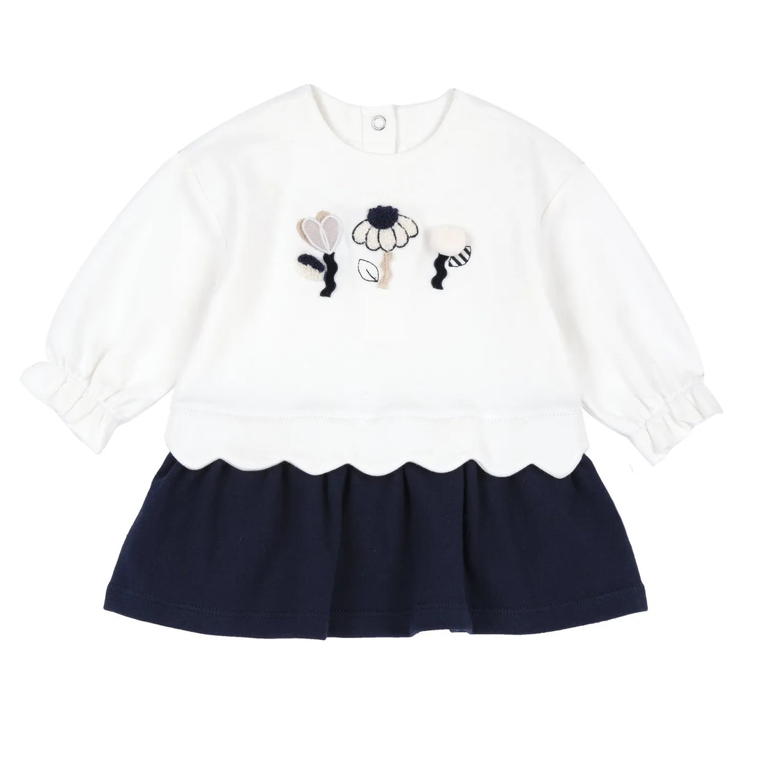 Girls White &amp; Blue Applique Long Sleeve Dress