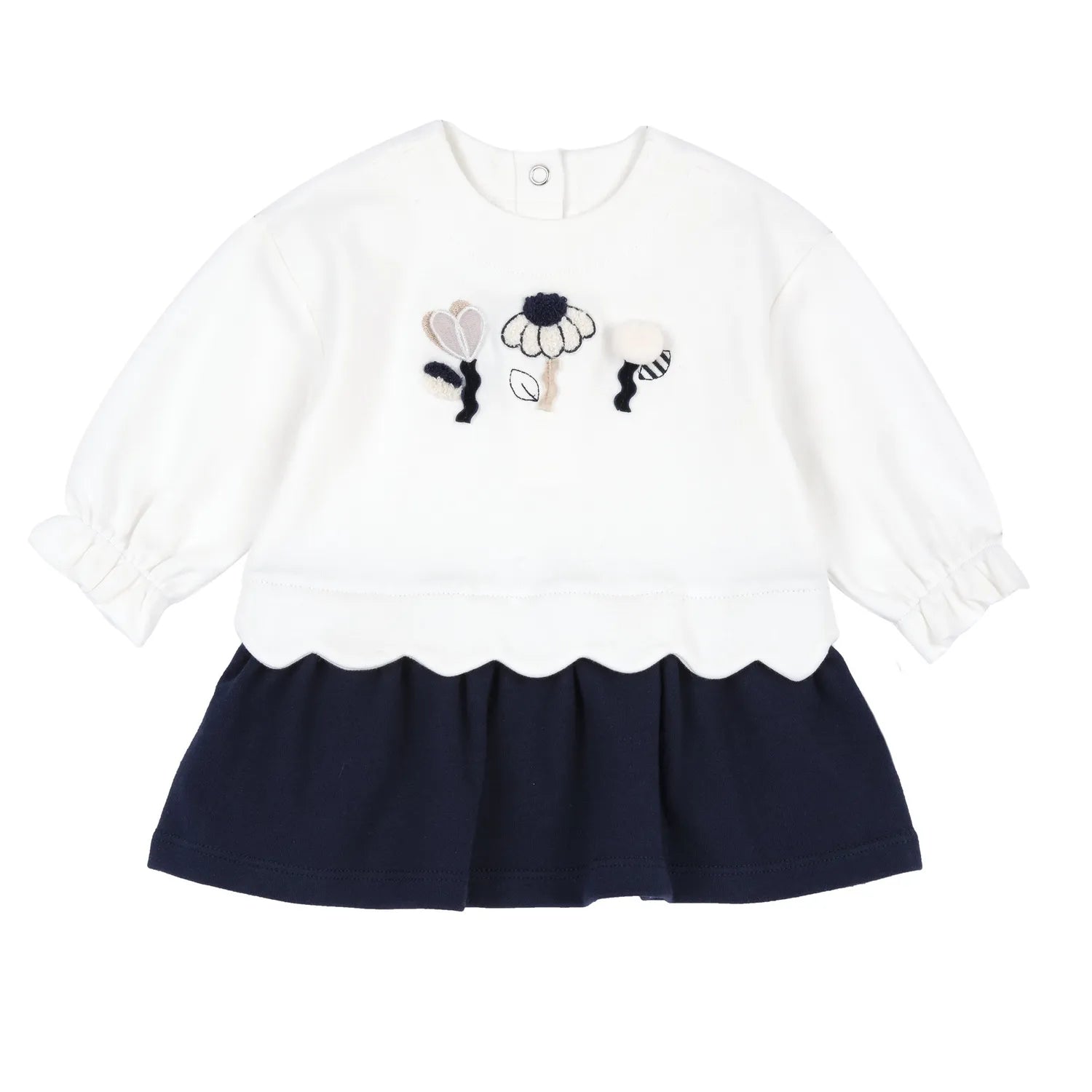 Girls White &amp; Blue Applique Long Sleeve Dress