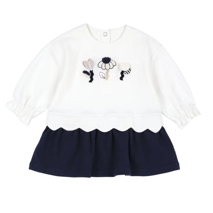 Girls White &amp; Blue Applique Long Sleeve Dress