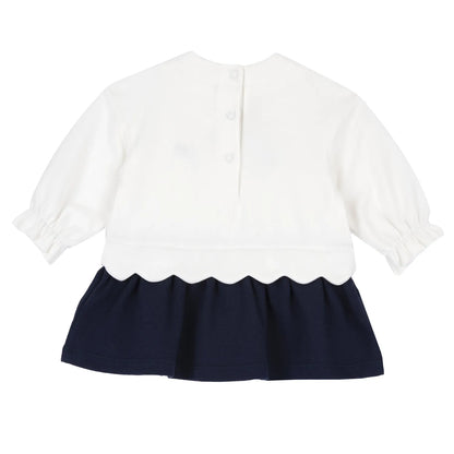 Girls White &amp; Blue Applique Long Sleeve Dress
