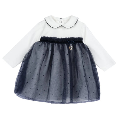 Girls White &amp; Blue Peter Pan Collar Dress
