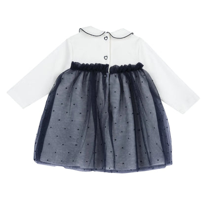 Girls White &amp; Blue Peter Pan Collar Dress