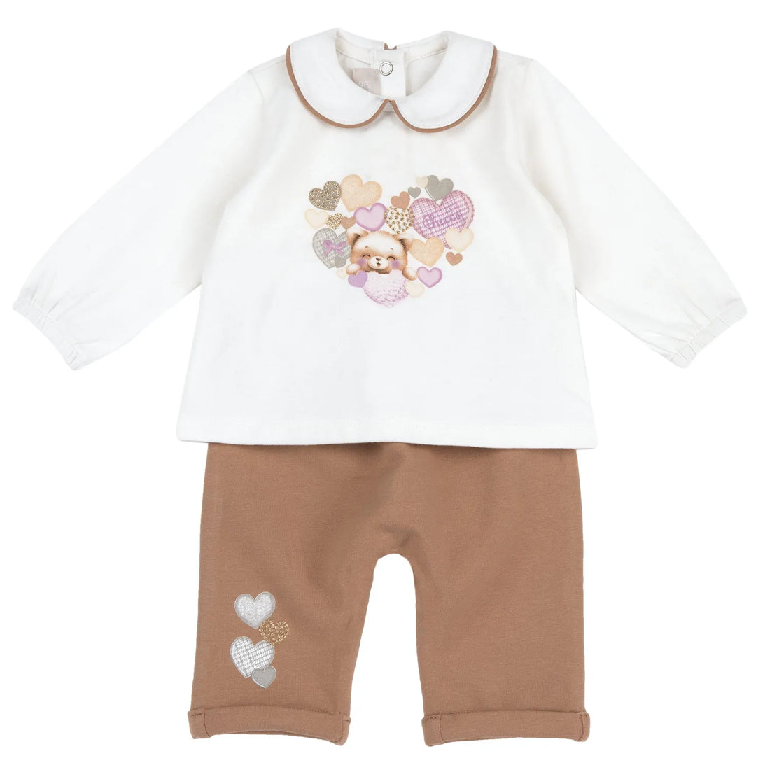 Girls White &amp; Brown Printed Sweatshirt with Leggings