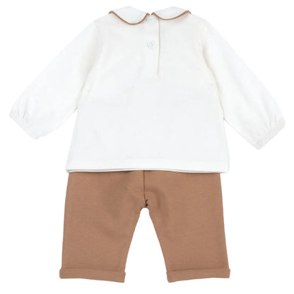 Girls White &amp; Brown Printed Sweatshirt with Leggings