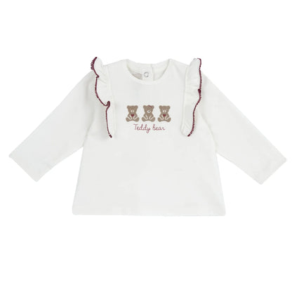 Girls White &amp; Brown Self Design Long Sleeve Top
