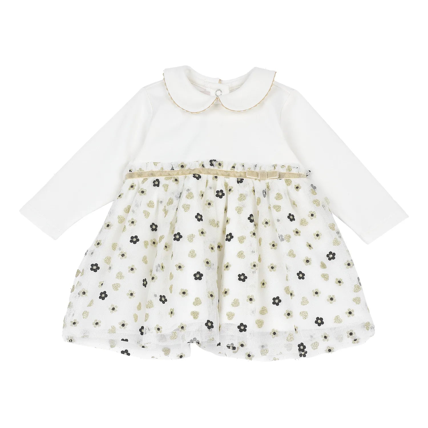 Girls White &amp; Cream Printed Long Sleeve Dress