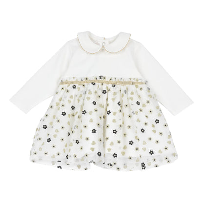 Girls White &amp; Cream Printed Long Sleeve Dress