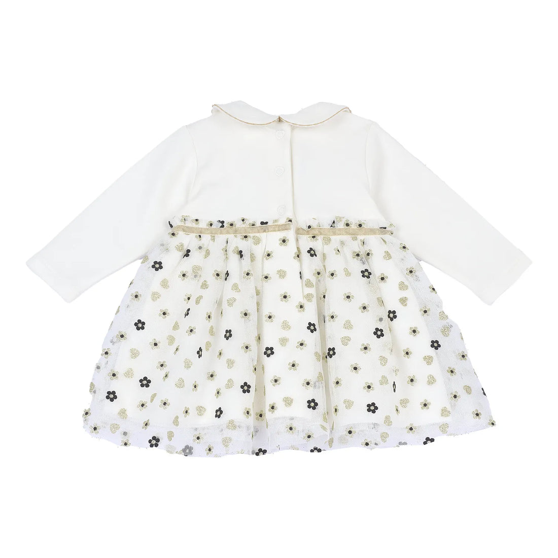 Girls White &amp; Cream Printed Long Sleeve Dress