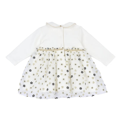 Girls White &amp; Cream Printed Long Sleeve Dress