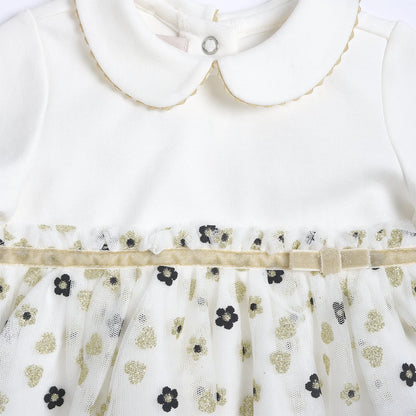 Girls White &amp; Cream Printed Long Sleeve Dress