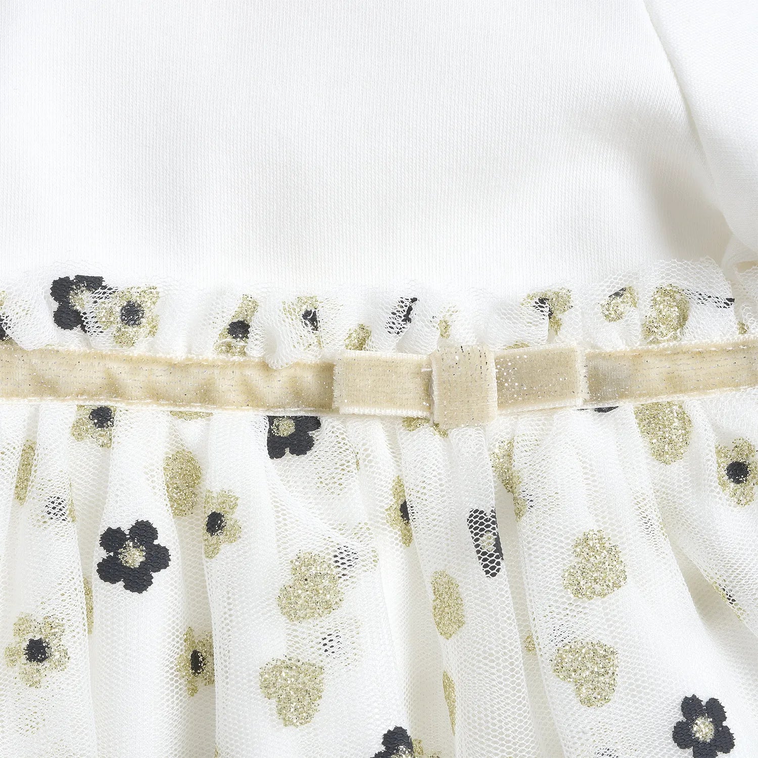 Girls White &amp; Cream Printed Long Sleeve Dress