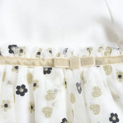 Girls White &amp; Cream Printed Long Sleeve Dress