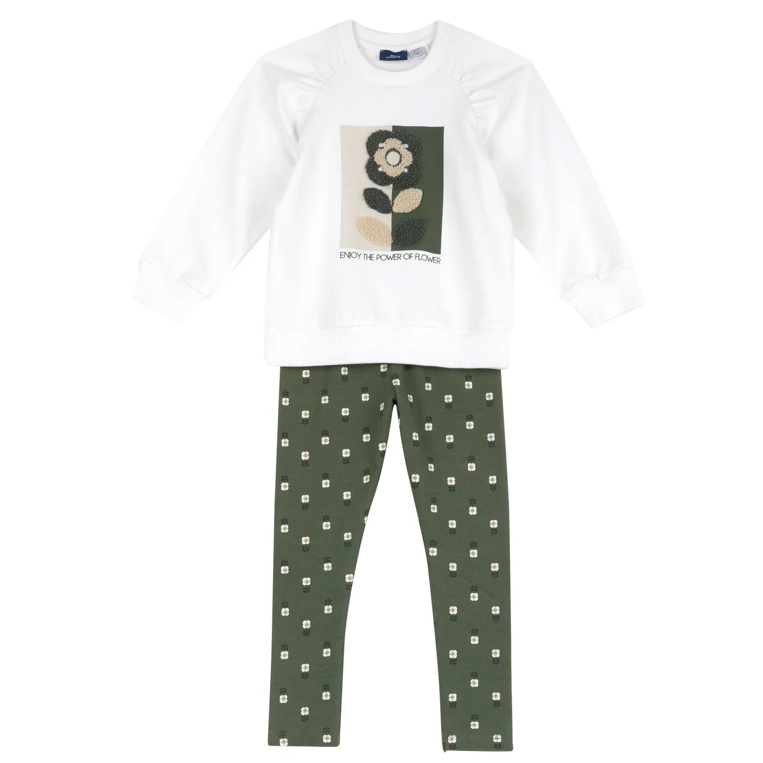 Girls White &amp; Green Embroidered Sweatshirt with Leggings