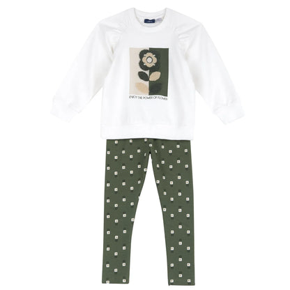 Girls White &amp; Green Embroidered Sweatshirt with Leggings