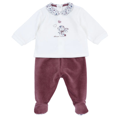 Girls White &amp; Maroon Embroidered Smock with Legging