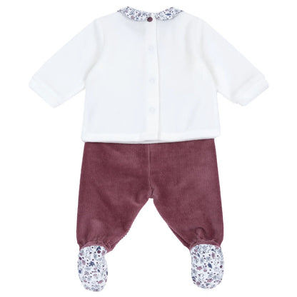 Girls White &amp; Maroon Embroidered Smock with Legging