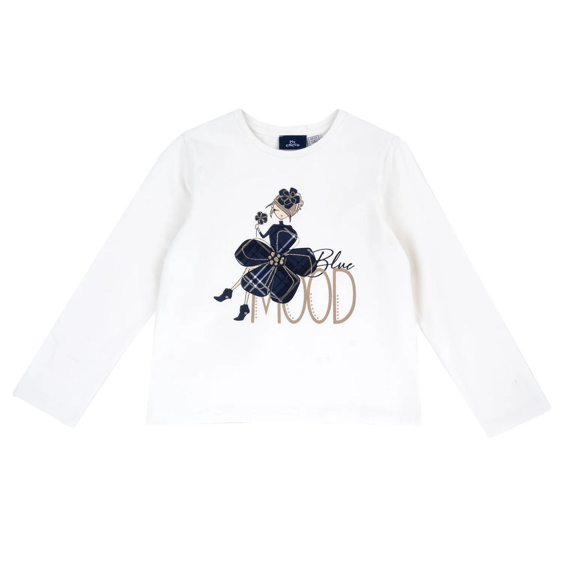 Girls White &amp; Navy Printed Long Sleeve T-shirt