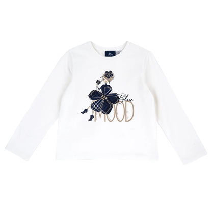 Girls White &amp; Navy Printed Long Sleeve T-shirt