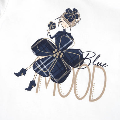 Girls White &amp; Navy Printed Long Sleeve T-shirt