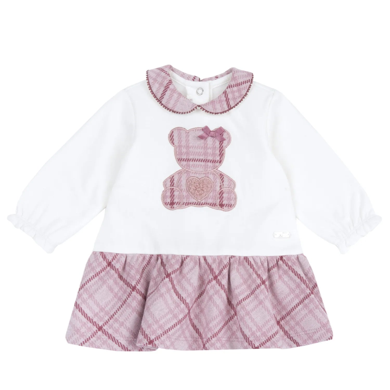 Girls White &amp; Pink Applique Long Sleeve Dress