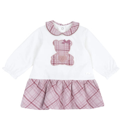Girls White &amp; Pink Applique Long Sleeve Dress
