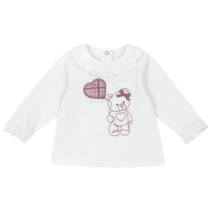 Girls White &amp; Pink Embroidered Long Sleeve Top