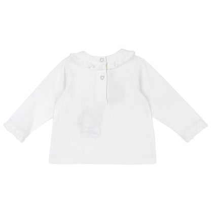 Girls White &amp; Pink Embroidered Long Sleeve Top