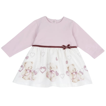 Girls White &amp; Pink Printed Long Sleeve Dress