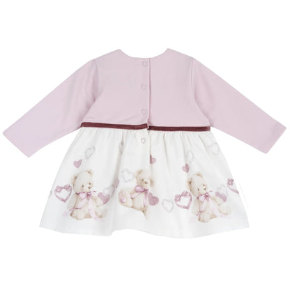 Girls White &amp; Pink Printed Long Sleeve Dress