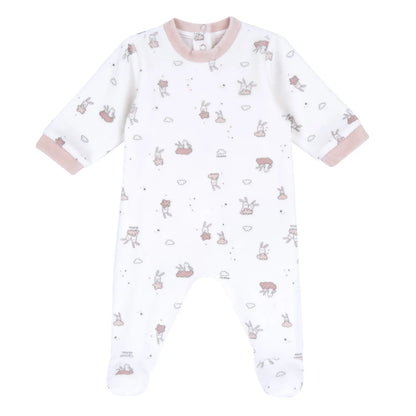 Girls White &amp; Pink Printed Nappy Opening Babysuit