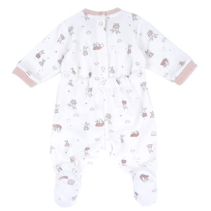 Girls White &amp; Pink Printed Nappy Opening Babysuit