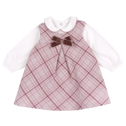Girls White &amp; Pink Solid Bodysuit with Pinafore Dress