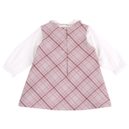 Girls White &amp; Pink Solid Bodysuit with Pinafore Dress