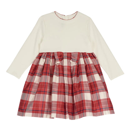Girls White &amp; Red Checked Long Sleeve Dress