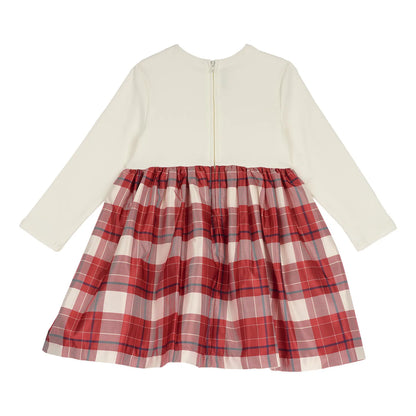 Girls White &amp; Red Checked Long Sleeve Dress