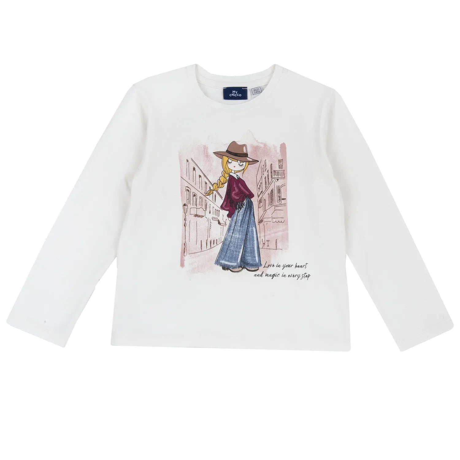 Girls White Printed Round Neck T-shirt