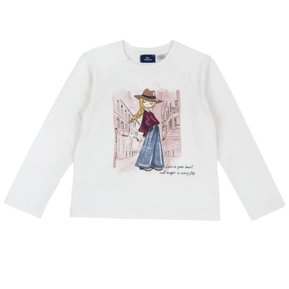 Girls White Printed Round Neck T-shirt