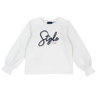 Girls White Typography Printed Long Sleeve Top