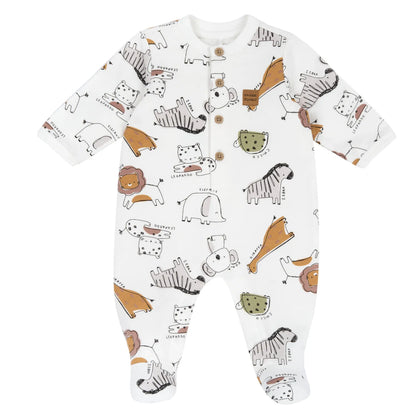 Infants White Animal Printed Leg Opening Babysuit