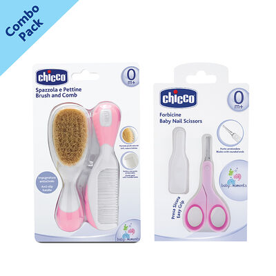 Combo- Brush and Comb Pink + Baby Nail Scissors Pink