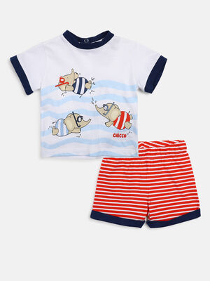 Boys White & Red Printed T-Shirt with Short Pants
