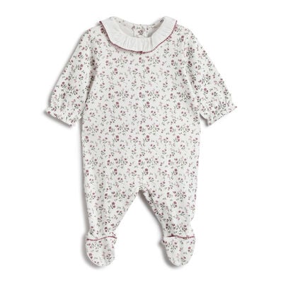 Girls White and Pink Floral Printed Leg Opening Babysuit