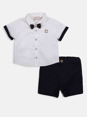 Boys Solid White & Navy Blue Shirt with Short Trouser