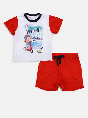 Boys White & Red Printed T-Shirt with Short Pants