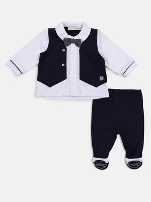 Boys Solid White & Navy Blue Smock with Legging
