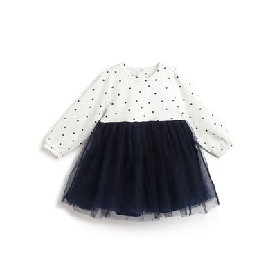 Girls White and Blue Polka Dot Long Sleeve Dress