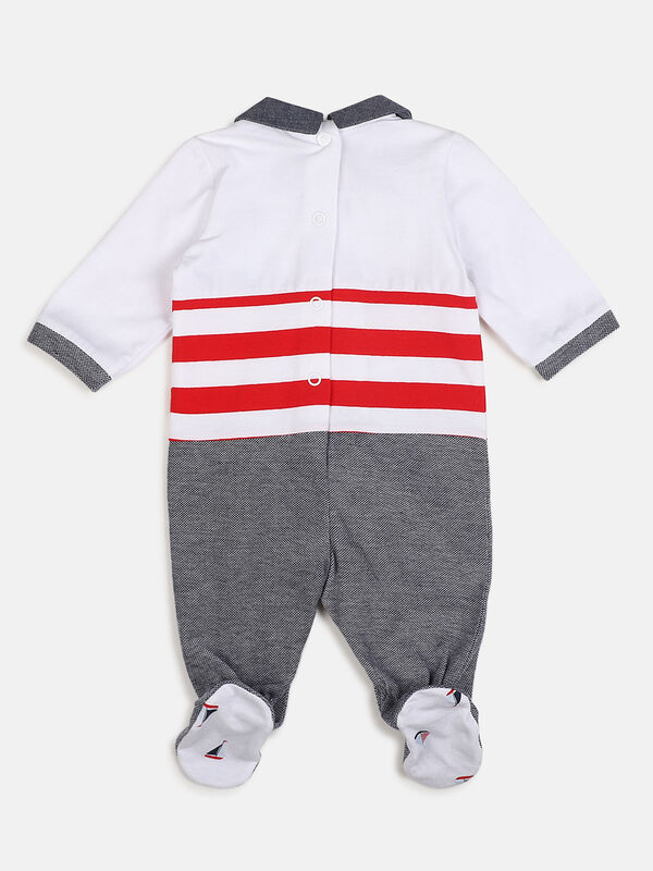 Boys White & Blue Leg Opening Baby Suit image number null