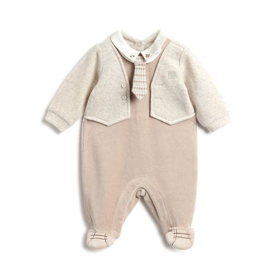 Boys Beige Self Design Leg Opening Babysuit